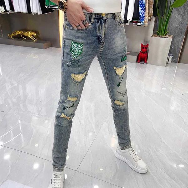 Erkekler Kot Moda Sokak Tarzı Gözyaşı Sıkı Erkek Vintage Yıkama Katı Denim Pantolon Sıradan İnce Fit Kalem Pantolon Sıcak Satış Q240509