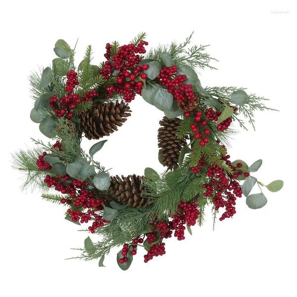 Flores decorativas Eucalipto artificial grinalda com frutas e pinhas verde vermelho 22 