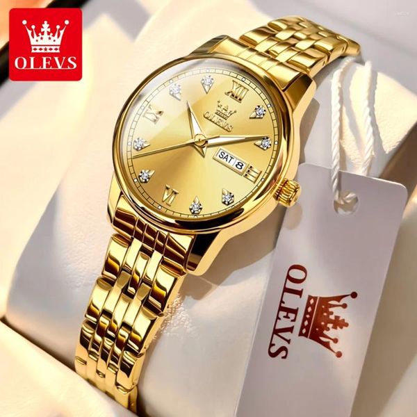 Avanadores de pulso luxuosos aço inoxidável dourado que assistem diamante calendário de diamante 30m Resistência à água Luminus Ladies Quartz Wristwatch Gift Box Set