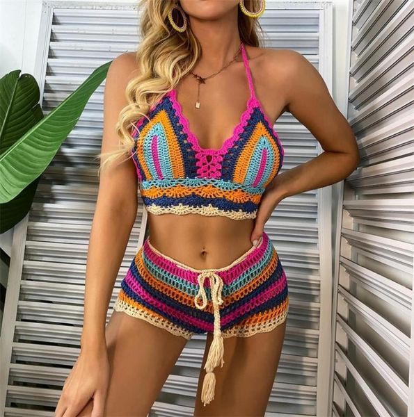 Häkelbikini -Sets mehrfarbig gestricktes Regenbogen vom Schulter oberen Boden Bikini Strandbekleidung Badeanzug Frauen Badeanzug 2202834727