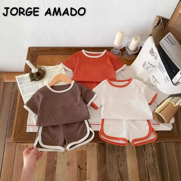 Giyim setleri Kore tarzı yaz bebek kız çocuk renk waffle rahat rahat kısa kollu tişört şort çocuk kıyafetleri a617