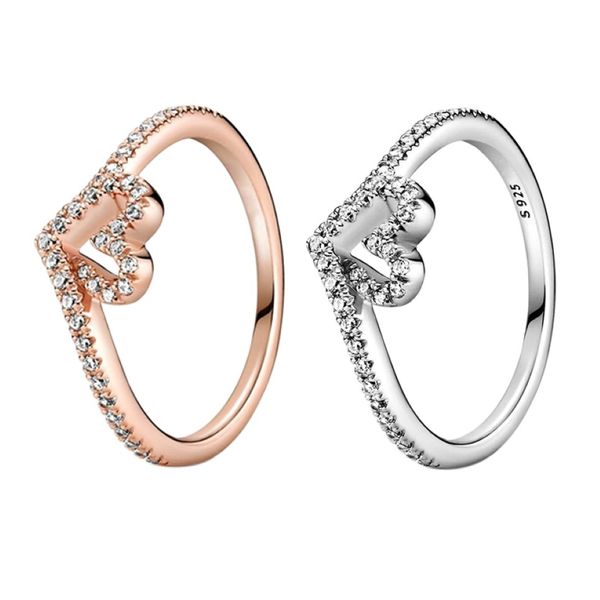 Rose Gold 925 Sterling Silver Wishbone Heart Ring Jóias de casamento de meninas para Pandora CZ Diamond Love Rings com varejo original BO 342N