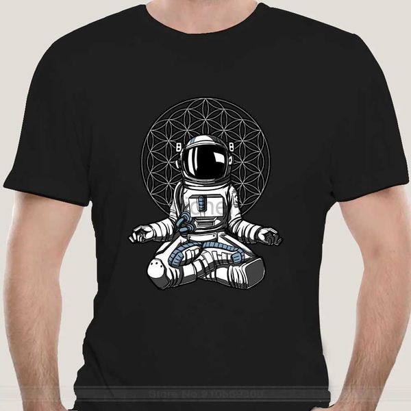 Camisetas masculinas espacial astronauta yoga meditação camiseta de algodão de algodão de algodão Crewneck zen spirit budista de manga curta D240509