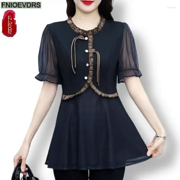 Frauenblusen L-5xl Lose Kleidung 2024 Sommer Retro-Knopf Tops Kurzarm Frauen Tunika Büro Lady Patchwork Rüschen Peplum Shirts