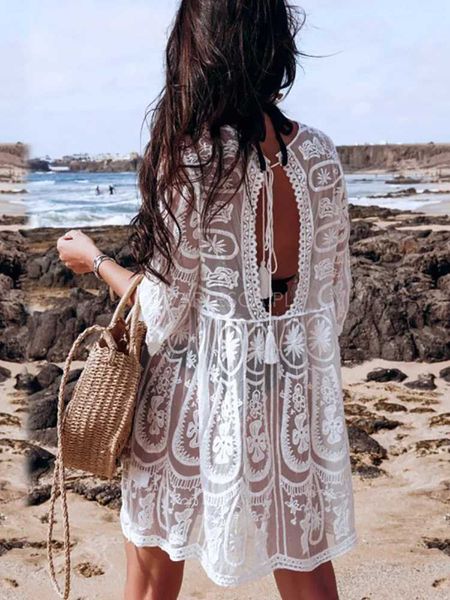 Kadın plaj giymek fitshinling bohemian yaz beyaz elbise kadın tunik mayo tatil shr seksi plaj örtbas geriye dönük vintage pareo vestidos t240508