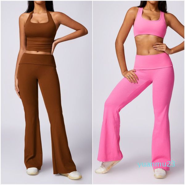 L8713 Kadın yoga kıyafeti İki parça set yelek pantolonları yakın oturan yüksek bel sporu uzun pantolon kolsuz üstler elastik spor giyim takım elbise