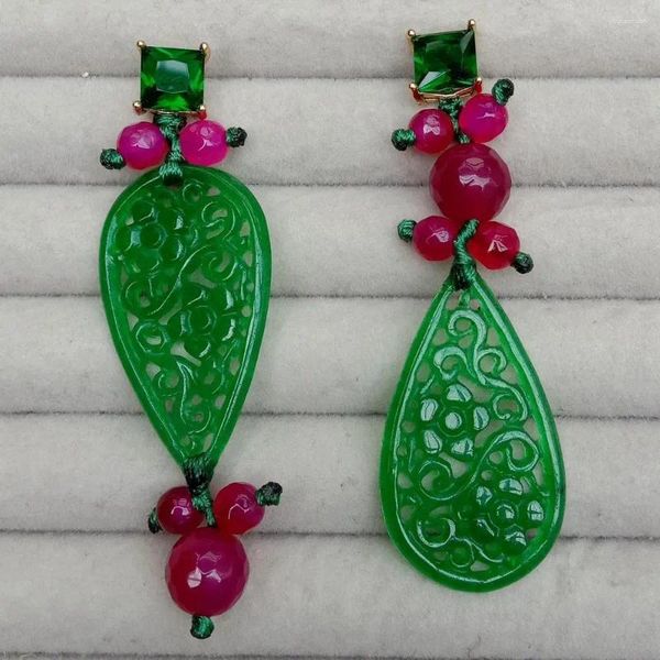 Bolzenohrringe Kkgem 22x40 mm geschnitztes grünes Jade 6mm-8mm Fuchsia Achat-Strassabropfen