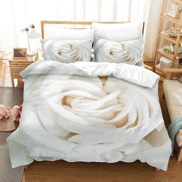 Conjuntos de cama Rose Bedding 3D PRIMED BRANCO DIA DO DIA DO DIA CONFEITO CONFEITO CONFEITO CONFORMA COMPRIMENTO COMPLETO DO DUVET J240507