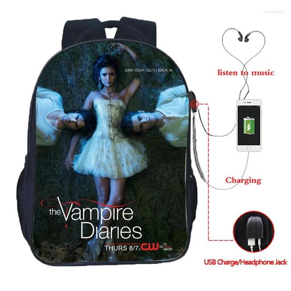 Mochila linda The Vampire Diaries USB Charge Alunos Meninos Bolsas de Moda Bolsa de Moda Diário