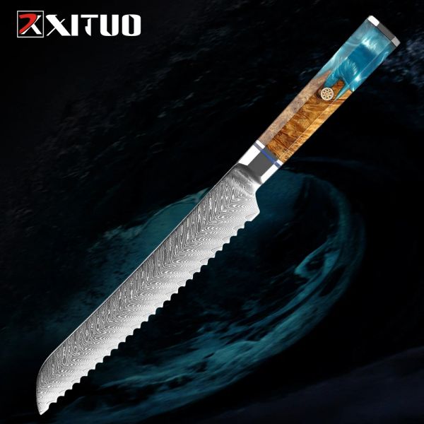 Xituo 8 Zoll Brotmesser Japanische Damaskus Stahlmesser Kuchenschneidewerkzeuge Backkoch Gadgets gezackte Klinge Japanische Messer