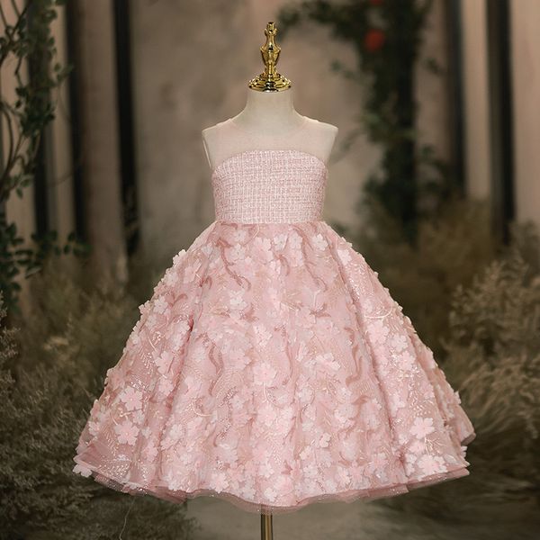 Light Luxury Pink Flower Girl Dress Dress Vestido Novo Meninas Show Host Performance Primeira Bola de Natal Noite Infantil Casamento Vestido de Festa Princesa Vestido de Princesa