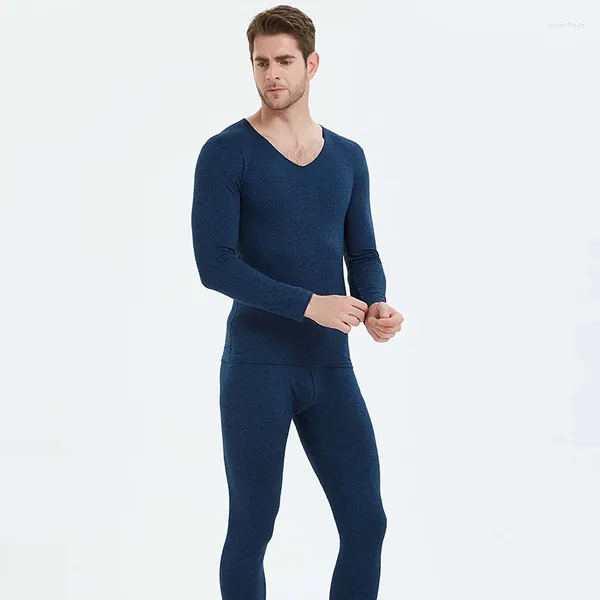 Herren thermische Unterwäsche Marine Blue Long Johns für Männer Vollhülse verdicken Herbst Winter warmes Set großer Größe 3xl 4xl Thermo Dessous