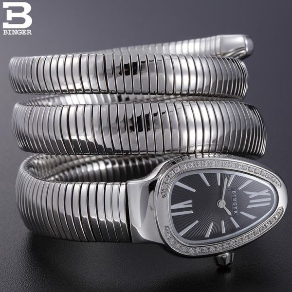 Schweiz Binger Frauen Uhren Damen Quarz Uhr Schlangenform Saphir Goldene wasserdichte Armbanduhren B6900-2 308y
