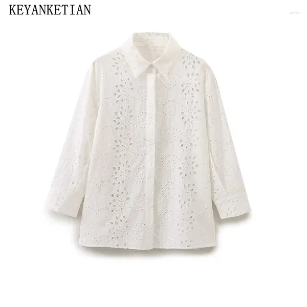 Blouses feminina keyanketian 2024 lançar hollow out bordado holiday wind wold single hold side stail blusa de camisa