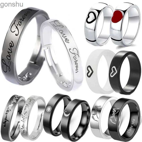 Paarringe 2pcs/Set Fashion Paar Ring Matching Ringbrief Schwarz -Weiß -Elektrokardiogramm vor Ort orale einstellbare Hochzeitsvergütung Schmuck Geschenke WX WX