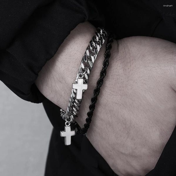 Braccialetti di fascino Bracciale cubano maschile a doppia catena da uomo decorazione per il vento freddo retrò senior sensorio in bianco e nero