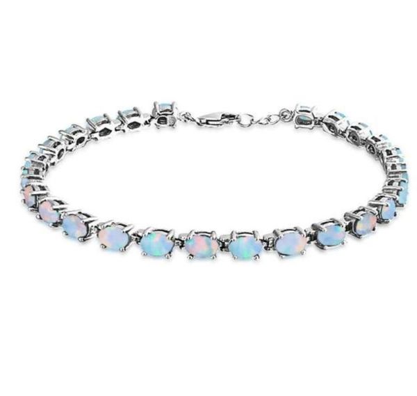 Bracelete de charme de prata Fogo de opala branca 925 prata esterlina 925 STERLING SINTÉTICA OPAL OVAL TENNIS BRACELETA 826 polegadas para mulheres FASH7627697