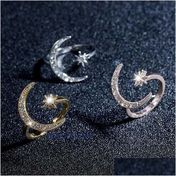 Кластерные кольца модные пальцы кольцо Sier Color Star Moon для женщин Свадебная вечеринка Shine Shine Crystal Metal Flower Открытие Anillo Drop Otkh3
