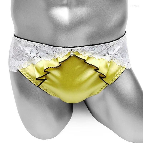 Underpants Ruffles Sissy Mutandine Slievi in ​​raso Mens Underwear Sexy Lingerie Vedi attraverso il pizzo posteriore Bikini Gay Exotic