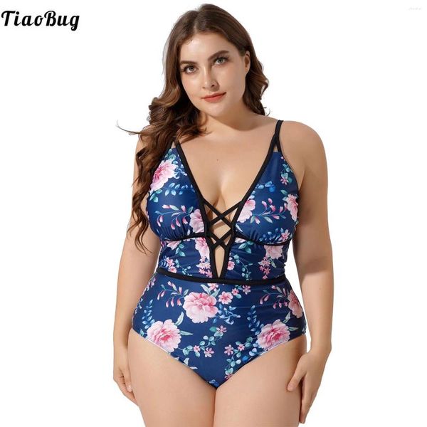 Frauen Badebekleidung Tiaobug Sommer Frauen plus Größe Schwimmanzug Deep V Hals Gurte Hohlkernaus entfernbarer Büstenpolster Floraler Druckbodysuit