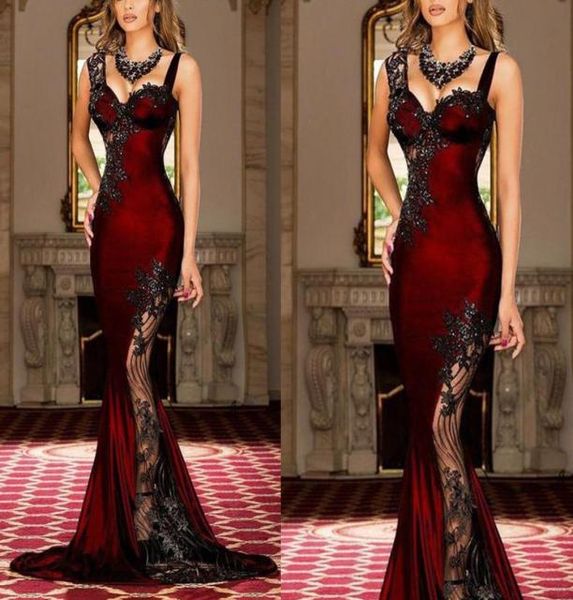 Abiti da ballo di sirena Burgundy 2019 a cuore scollo appliques in pizzo Appliques perline paillettes Flowers Abiti da sera lunghi sera DR2163437