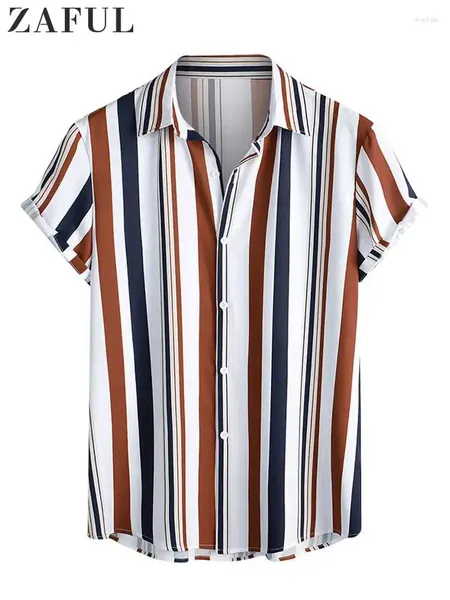 Camisas casuais masculinas Camisa Zaful Vertical Mixed Stripes Roupas de botão sedosa blusa de seda de manga curta para homens Z5030752