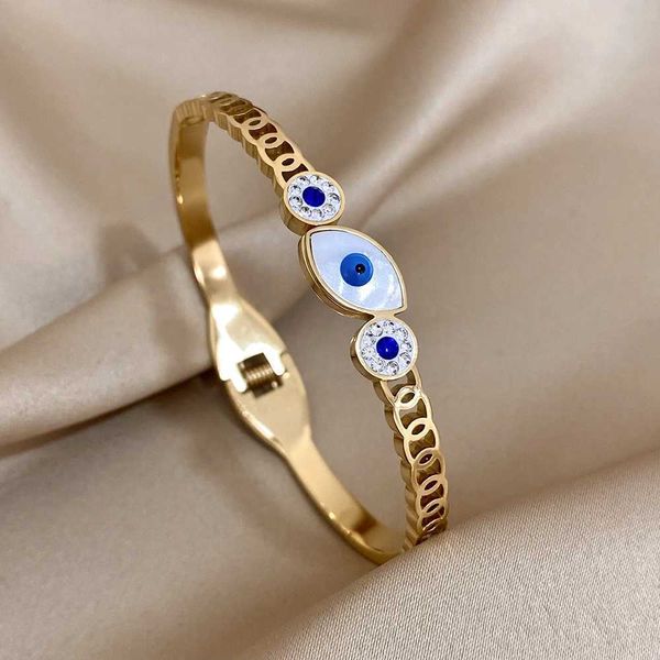 Bangle Gold Color Eye Turkish Eye Standless Steel Bracelets com strass para mulheres Moda Evil Eye Perro impermeável Presentes T240509