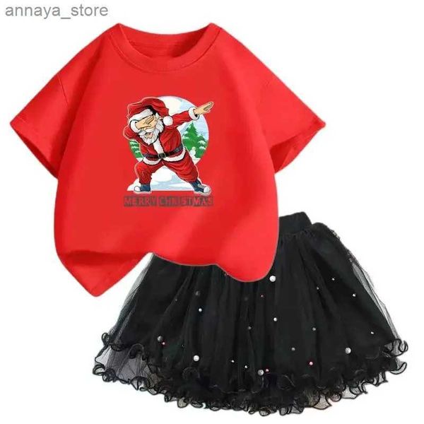 Kleidungsstücke Weihnachtsmädchenkostüm 2 Stück Neujahr Santa Claus T-Shirt+schiere Tutu eng anliegender assl2405l24045