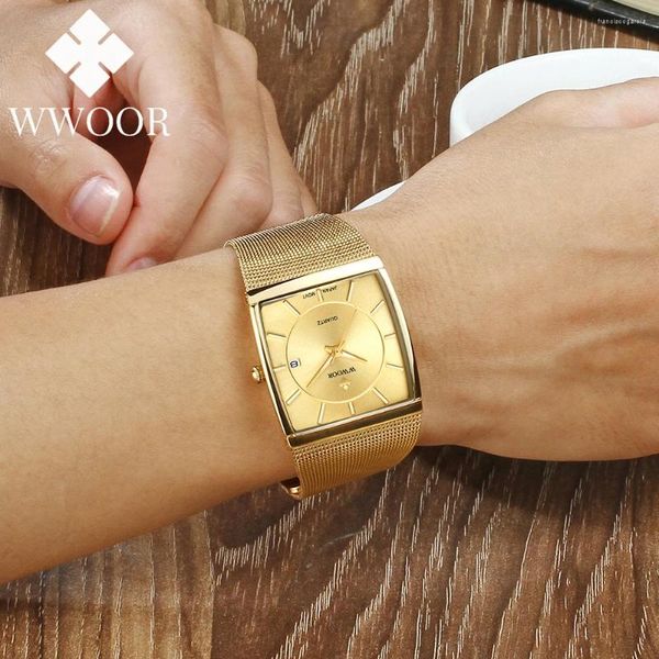 Armbanduhr Japan Quarz Bewegung Uhren Herren Wwoor Top Ultra Dünn Goldstahl Mesh Uhr für Männer quadratisch wasserdichtes Handgelenk