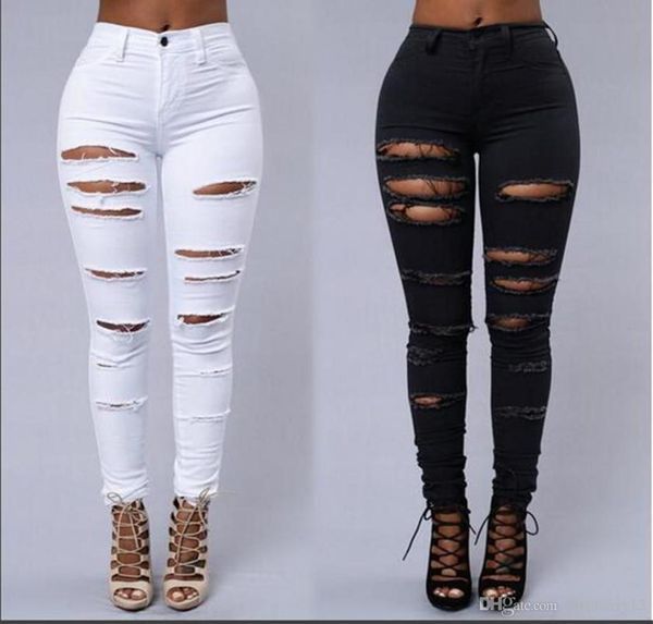 High Street Women Skinny Jeans Seksi Yırtık Cilt Sıkı Kot Moda Siyah ve Beyaz Kalem Denim Pantolon2829562