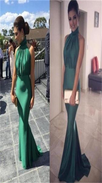 Vestidos de noite verde de esmeralda elegantes, colarinho alto, RUCHED Mermaid Ocidental Vestidos do baile de festas sexy sem costas Celebrity 7919446