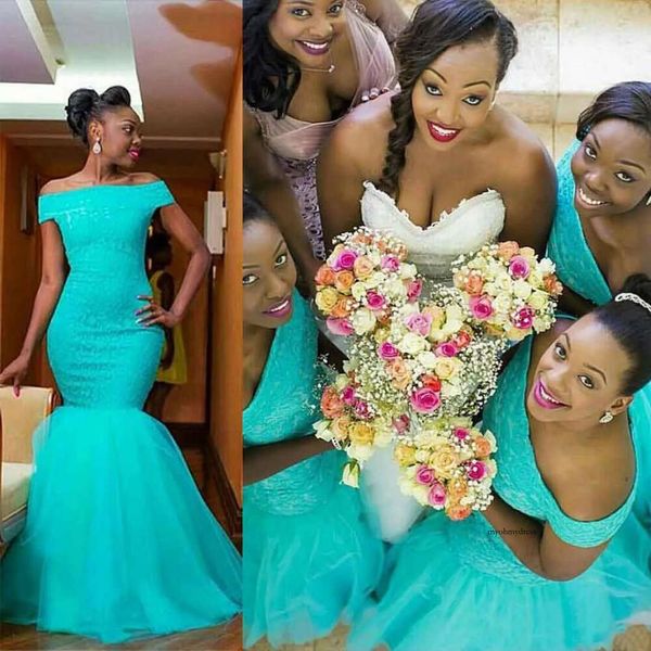 2021 Mermaid Turquesa Blue African African Brides Damaid Vestidos fora do ombro Sexy Plus Tamanho de renda de renda de honra Vestidos convidados de casamento de noiva 0509