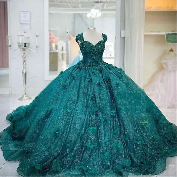 Темно -зеленые платья Quinceanera с 3D -цветочной аппликацией с бисером корсет на задний пол длины сладкий 16 день рождения выпускной пропускной вечер плюс размер 0509