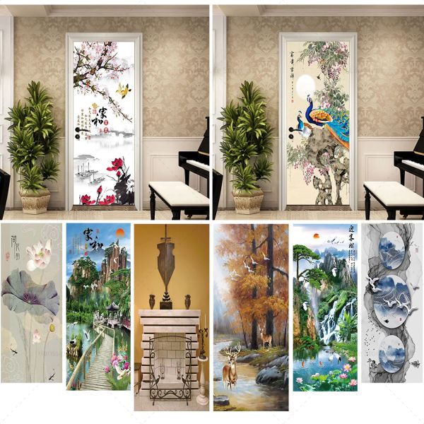 Adesivos adesivos de porta 3d orientais autodestivos pavões de lótus pintura de tinta arte mural mural impermeabilizada por porta de capa de porta de capa de capa de capa de capa