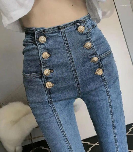 Jeans femininos Mulheres de peito duplo de peito magro de cintura chique de design de jeapis de jeapis de moda de moda de calça apertada