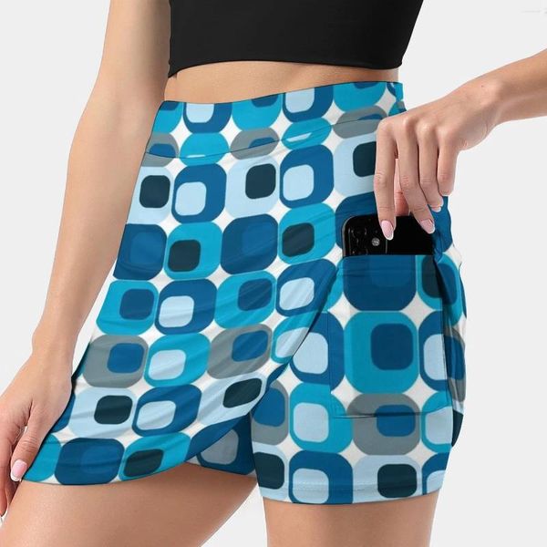 Saias tons de azul retro abstrato feminino feminino mini uma linha com hide bolso mod formas