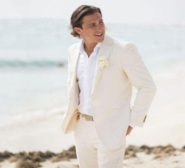 Summer Beach Ivory Linen Men Ternos para ternos de casamento Groom Wear