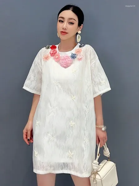 Abiti per feste Qing Mo White 2024 Summer Neck Round Neich Miciva Fiore tridimensionale Abito a metà lunghezza Fashion Casual Woman Zxy038