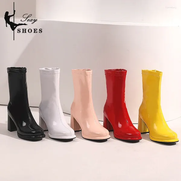 Boots Square Heel Candy Knöchel Boot Frauen elegante High Heels Kurzrosa Patent Leder Zip Autumn Party Schuhe Marke Designer