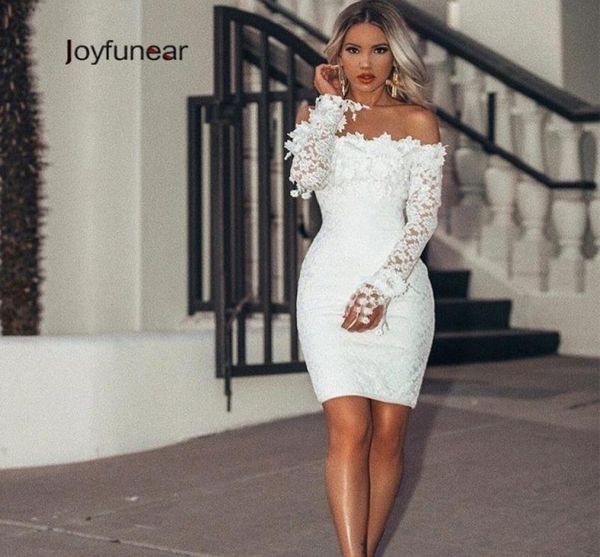 Joyfunear 2019 вышиваемая кружевное белое платье Женщины Bodycon Party Sexy Plays Petal рукав Прозрачное мини -элегантное платье vestidos5492652