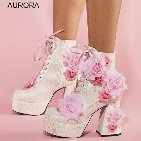 Boots Style Plataforma de renda branca com rosa tornozelo 2024 outono e inverno feminino lateral-zip elegante salto alto