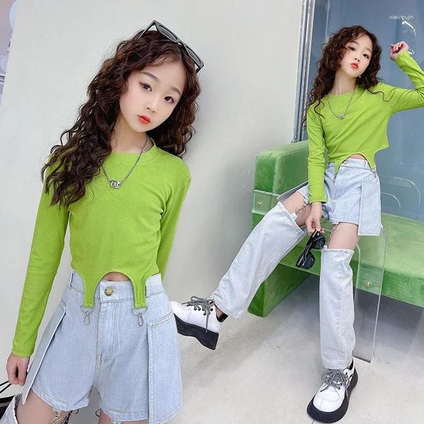 Kleidungsstücke Hip Hop Girls Kleidung Street Kinder Slim T-Shirt Langarm Tees Haken Split Jeans Anzug Trendy Big Kinder's Outfit