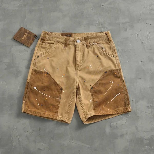 Herren-Shorts Persönlichkeit Sprühfarbe für alte Frachtshorts Herren Amerikaner Casual Farb Patchwork Fischknochen Nagel losen gerade Hose mit mittlerer Leg Y240507