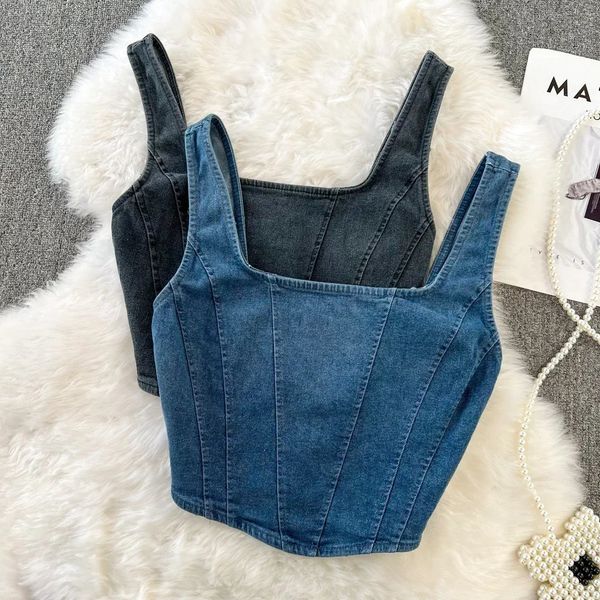 Vintage denim tankları Camis kadınlar için yüce gündelik kolsuz fermuar eklenmiş femme korse mahsul üstleri zarif şık tank kamisoses 240509