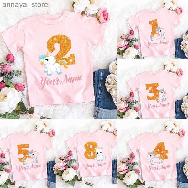 T-shirts Nome personalizado T-shirt Birthday Número fofo 1-9 Cartoon Girl T-shirt Summer Baby Top Childrens Kawai Clothingl2405