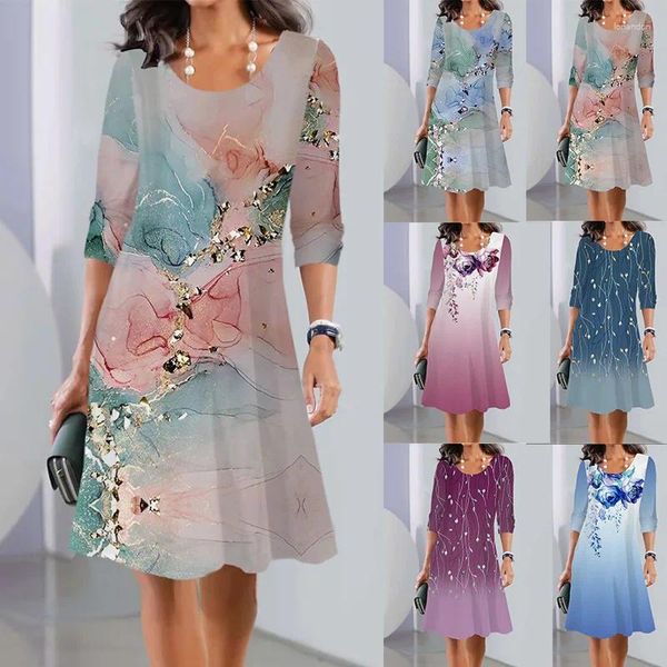 Mode Frauen Printkleid Blumen Midi Kleider lässige Ins runde Hals Grace Ice Seidentemperament für Damenparty Versammlung