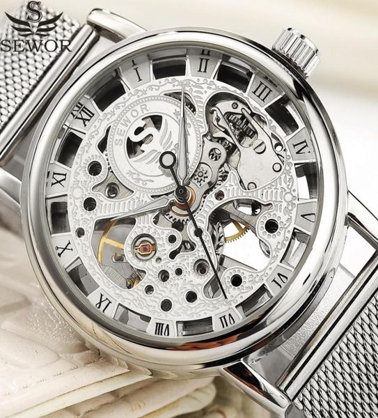 Sewor Mechanical Watch Silver Fashion Edelstahl Mesh Gurt Männer Skelett Uhren Top Marke Luxus männliche Armbanduhr J1907064102326