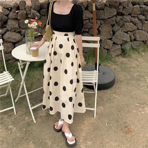 Etekler 2024 Vintage Polka Dot Büyük Salıncak A-Line Yaz Zayıflama Yüksek Bel Elastikiyeti Etek Kadınlar Baskı Uzun Gündelik Kadın