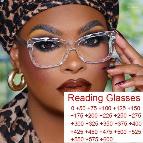 Солнцезащитные очки женские чтения увеличительные очки Прозрачные квадратные рамки дизайнер дизайнер компьютер против Fatigue Presbyopia очки от 0 до 270L
