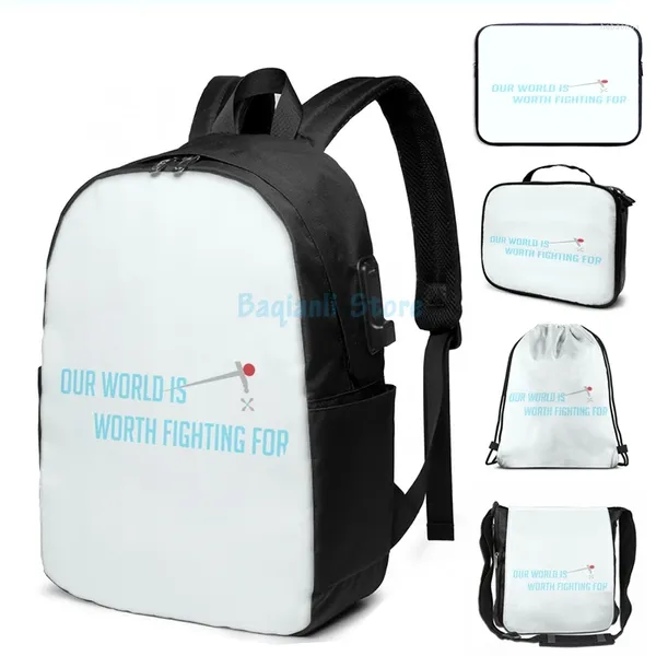 Backpack Funny Graphic Print Our World vale a pena lutar por USB Charge Men Bags Escola Bag Laptop de Viagem para Viagem